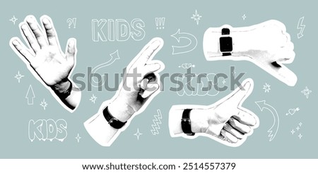 Collage of halftone hands with smartwatches on gray background. Retro collage elements for posters, banner, social media. Vector illustration with contour scribbles and words. Modern technic concept