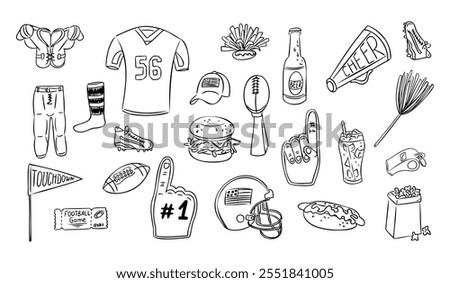 Hand drawn doodle set with American football themed items such as jerseys, helmets, footballs, foam fingers, cheer gear, food, and beverages. Vector outline drawing isolated on white background