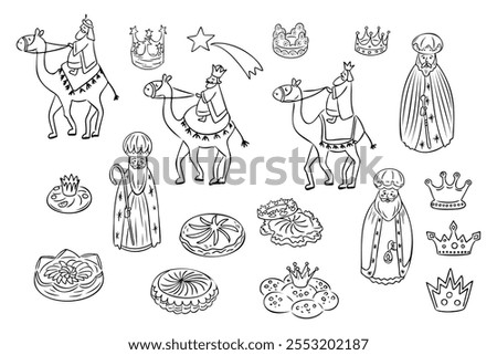 Hand drawn doodle set inspired by the Epiphany with Three Wise Men on camels, crowns, stars, traditional cakes, and festive elements. Vector outline drawing isolated on white background