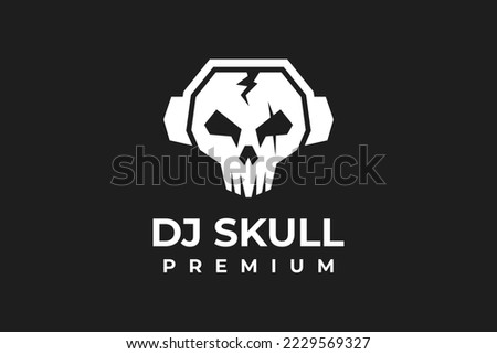 skull head logo with headphones and lightning strike