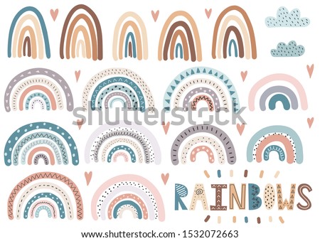 Cute rainbows, clouds, hearts collection. Isolated elements set. Scandinavian style clipart for modern prints, greeting cards, posters, wall art. Vector illustration
