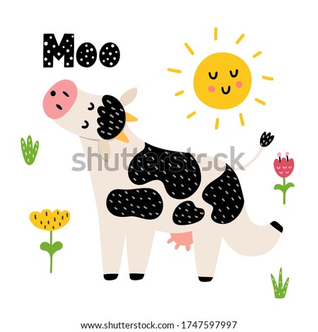 Moo card with a funny cow. Cute print for kids with farm animal. Nature background. Vector illustration