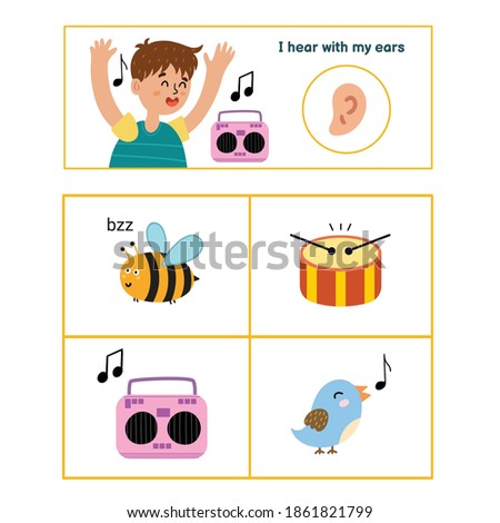 Five senses poster. Hearing sense presentation page for kids. Great for activity book. Vector illustration