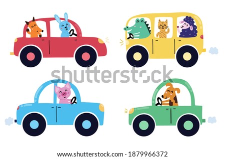 Cute animals driving in cars clipart set. Funny transport with pig, dog, cat, rabbit and others. Cartoon characters in their vehicles for kids. Vector illustration