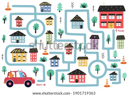 Maze puzzle for kids. Cute animals driving a car activity page. Help rabbit and fox find way to home. Mini game for school and preschool. Vector illustration