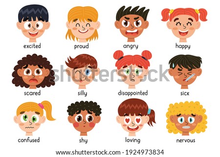 Cute kids emotions collection. Child different emotional expressions bundle. Learning feeling poster for school and preschool. Faces of boys and girls. Vector illustration Сток-фото © 