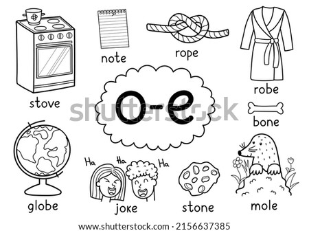 O-e digraph spelling rule black and white educational poster set for kids with words mole, joke, note, globe, etc. Learning phonics for school and preschool. Phonetic worksheet. Vector illustration Foto stock © 