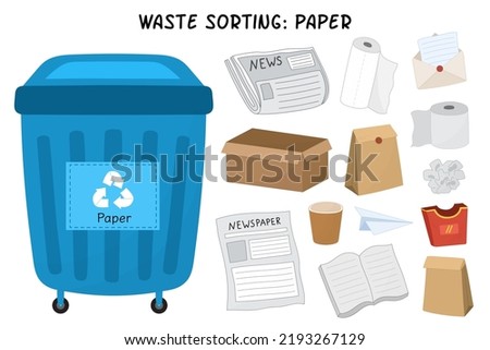 Paper waste sorting set. Blue trash can for paper and cardboard garbage. Separating and recycling objects collection. Vector illustration