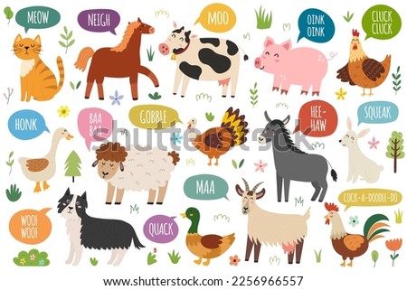 Farm animals saying sounds like moo, oink, baa, cluck and others. How do they say poster with farm characters. Cow, pig, horse, sheep making sounds set. Educational page for kids. Vector illustration