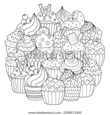 Doodle cupcakes circle shape coloring page. Mandala with sweet cupcakes for coloring book. Food outline background. Vector illustration
