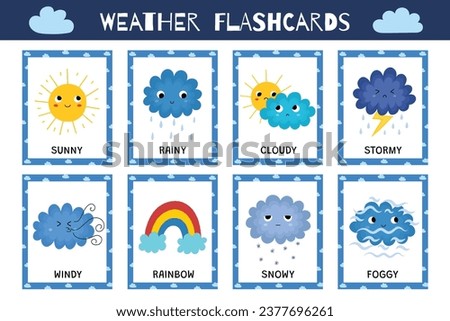 Cute weather flashcards collection. Flash cards set with funny sun and cloud characters. Learning forecast vocabulary for school and preschool. Vector illustration