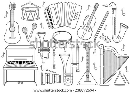 Musical instruments black and white set. Collection with doodle music elements in outline. Great for coloring page. Vector illustration