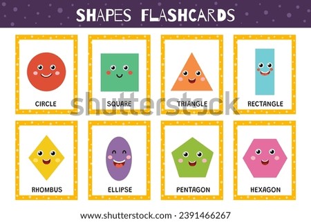 Shapes flashcards collection for kids. Flash cards set with cute geometric characters for practicing reading skills. Circle, square, triangle and more. Vector illustration