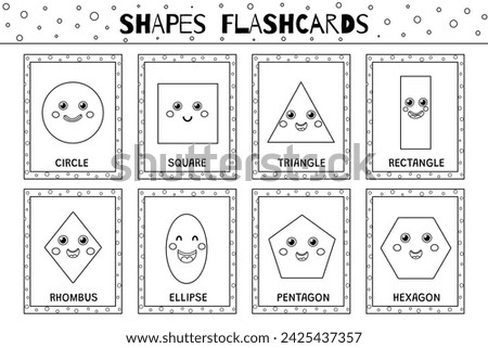 Shapes flashcards black and white collection for kids. Flash cards set with cute geometric characters for coloring in outline. Circle, square, triangle and more. Vector illustration