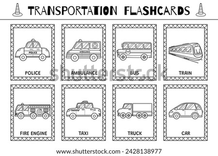 Transportation flashcards black and white collection for kids. Vehicles flash cards set for school and preschool in outline for coloring. Ambulance, fire engine, police and other cars. Vector illustra