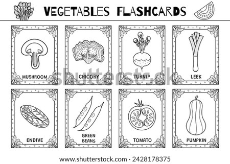 Vegetables flashcards black and white set. Flash cards collection for school and preschool in outline for coloring. Learn food vocabulary for kids. Pumpkin, leek, turnip and more. Vector illustration