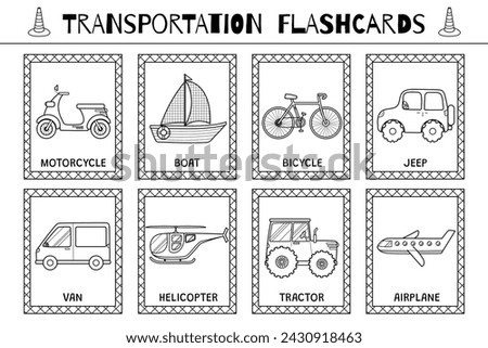 Transportation flashcards black and white collection for kids. Vehicles flash cards set for school and preschool in outline for coloring. Van, motorcycle, tractor and other cars. Vector illustration