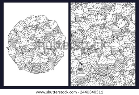 Doodle ice cream coloring pages set. Black and white summer templates for coloring. Outline background. Vector illustration