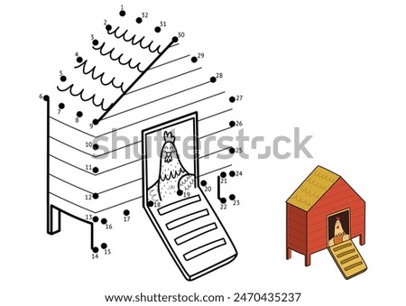 Dot to dot game for kids. Connect the dots and draw a chicken coop. Farm puzzle activity page. Vector illustration