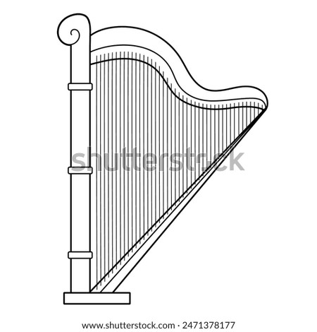 Harp musical instrument in black and white. Classical music element with strings in outline. Vector illustration