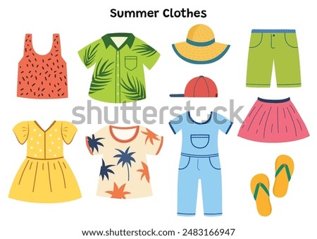 Summer clothes set with t-shirt, dress, Hawaiian shirt, skirt and more. Summer season outfit collection in cartoon stye. Vector illustration