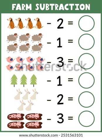 Farm subtraction worksheet for kids. Math activity page with cute farm characters. Calculate and write the result sheet for school and preschool. Vector illustration