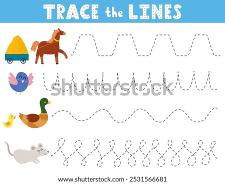 Trace the lines activity page with cute farm animals. Handwriting practice worksheet for kids. Educational game for preschool. Vector illustration