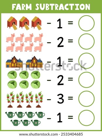 Farm subtraction worksheet for kids. Math activity page with cute farm characters. Calculate and write the result sheet for school and preschool. Vector illustration