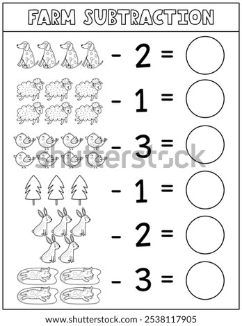 Farm subtraction black and white worksheet for kids. Math activity page in outline with cute farm characters. Calculate and write the result sheet for school and preschool. Vector illustration