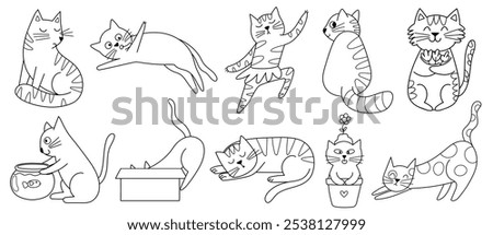 Cute cats black and white set for coloring book. Funny feline characters playing, sleeping, dancing and more. Outline doodle animals collection for coloring page. Vector illustration