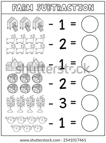 Farm subtraction black and white worksheet for kids. Math activity page in outline with cute farm characters. Calculate and write the result sheet for school and preschool. Vector illustration