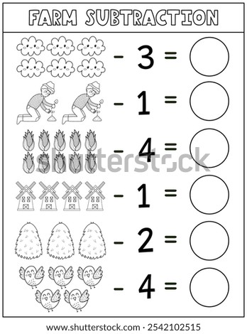 Farm subtraction black and white worksheet for kids. Math activity page in outline with cute farm characters. Calculate and write the result sheet for school and preschool. Vector illustration