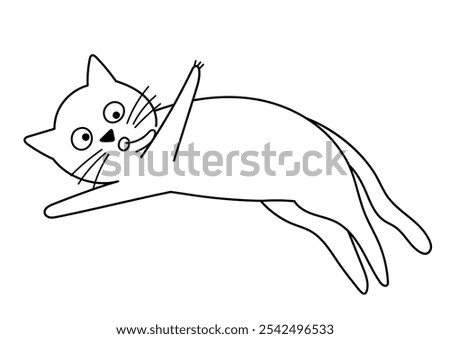 Cute cat laying down and licking its paw in black and white. Funny feline character isolated element in outline. Great for coloring page, prints and cards. Vector illustration