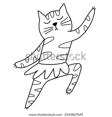 Cute dancing cat in tutu skirt in black and white. Funny feline character making ballet isolated element in outline. Great for coloring page, prints and cards. Vector illustration