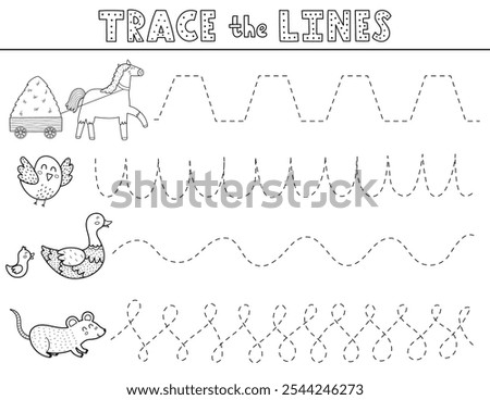 Trace the lines black and white activity page with cute farm animals. Handwriting practice worksheet in outline for kids. Educational game for preschool. Vector illustration