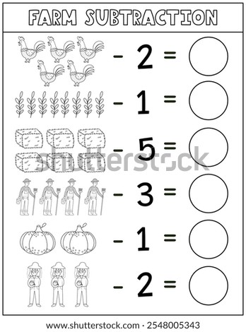 Farm subtraction black and white  worksheet for kids. Math activity page in outline with cute farm characters. Calculate and write the result sheet. Vector illustration