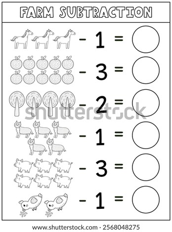 Farm subtraction black and white worksheet for kids. Math activity page in outline with cute farm characters. Calculate and write the result sheet for school and preschool. Vector illustration