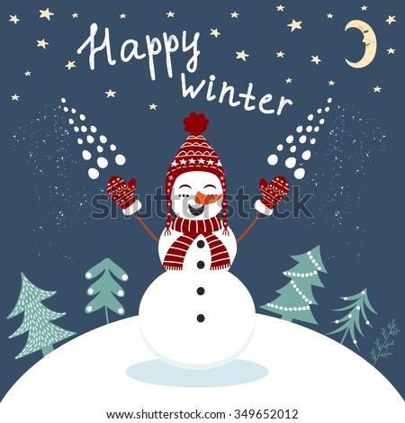 happy winter card with enjoying snowman in vector template for