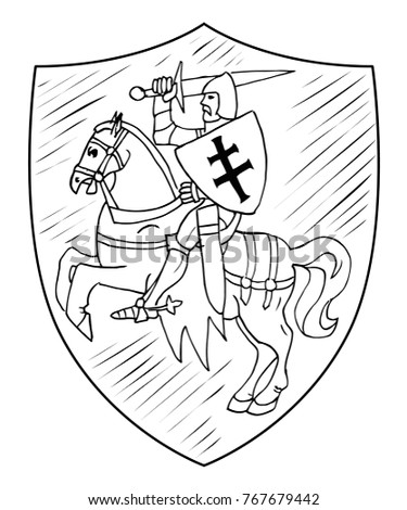 Old coat of arms of Belarus. A horseman with a sword on horseback. The sketch marker. Vector