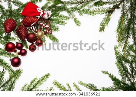 Christmas Decorative Frame Border With Fir Tree And Balls Stock Photo