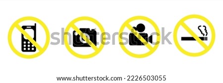 No photos, non smoking area, no video and no phones forbidden sign, icon, symbol, vector, vector illustration	