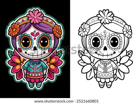 Día de los Muertos. Day of the Dead Skeleton, Skull Bright coloring page with sample