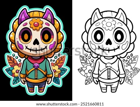 Día de los Muertos. Day of the Dead Skeleton, Skull Bright coloring page with sample