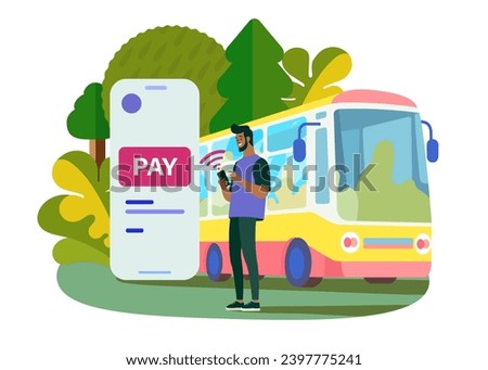 Man with dark skin,buying bus ticket online on smartphone backdrop of nature. Book and buy bus ticket. Travel ,tourism concept. Trip, buying tickets for bus in mobile app online .Contactless payment .