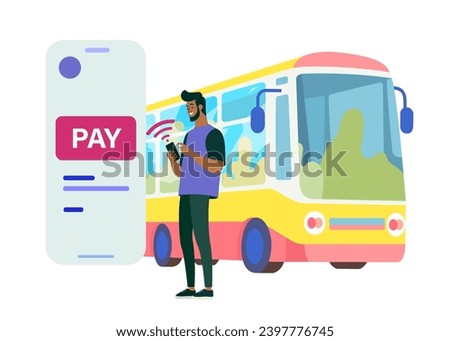 Man with dark skin,buying bus ticket online on smartphone isolated on white background. Book and buy bus ticket. Travel ,tourism concept. Trip, buying tickets for bus contactless payment . NFC payment