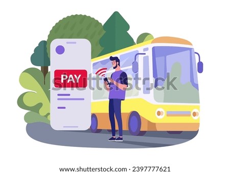 Man buying bus ticket online on smartphone backdrop of nature. Book and buy bus ticket. Travel ,tourism concept. Trip, buying tickets for bus in mobile app online .Contactless payment .