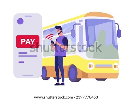 Man buying bus ticket online on smartphone isolated on white background. Book and buy bus ticket. Travel ,tourism concept. Trip, buying tickets for bus contactless payment . NFC payment