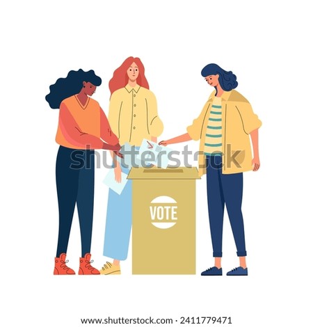 Three Strong girls are putting paper ballot in box. Women activists are calling for votes. Voting and Election concept. Pre-election campaign.Election, Democracy, Freedom of speech, justice voting and