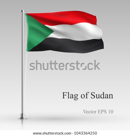 National flag of Sudan isolated on gray background. Realistic Sudan flag waving in the Wind. Wavy flag Stock Vector illustration