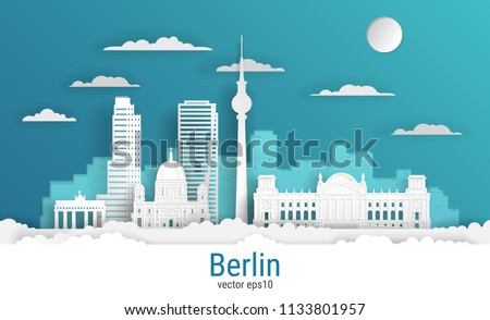 Paper cut style Berlin city, white color paper, vector stock illustration. Cityscape with all famous buildings. Skyline Berlin city composition for design
